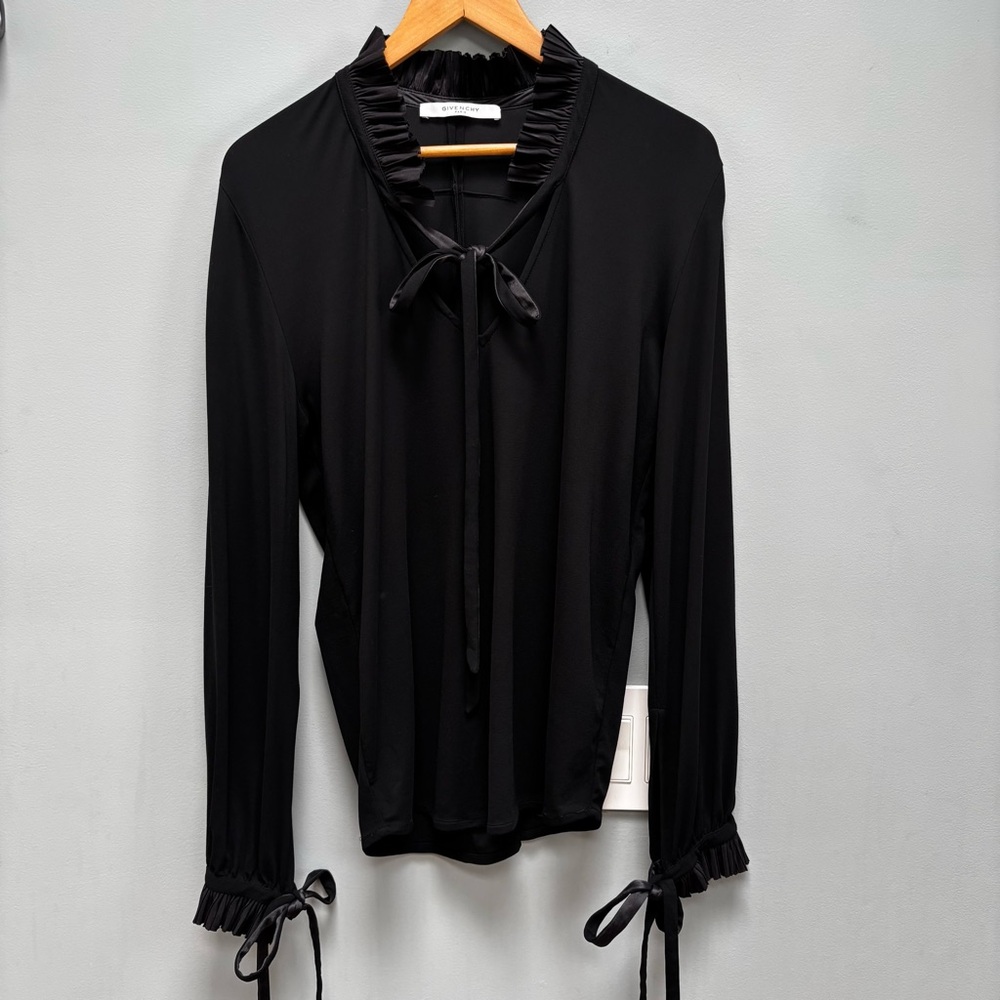 Givenchy Paris Ruffle High Neck Front Tie Long Sleeve Blouse in Black 40 / 8